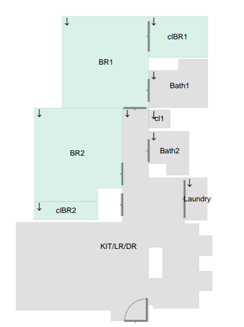 Floor plan for 2 beds, 2 baths, 959 sqft